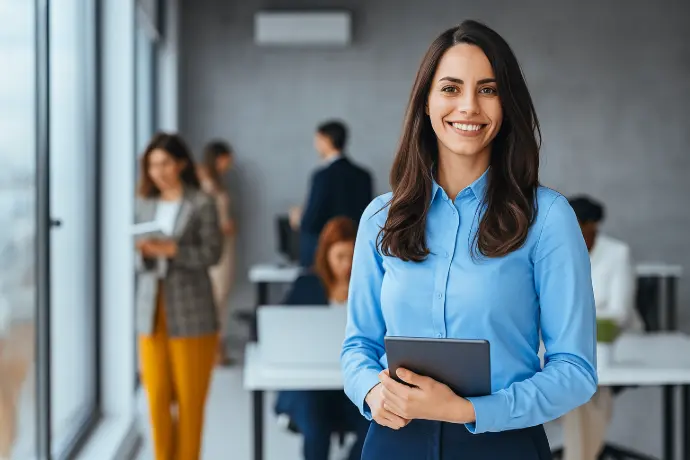 Profesional de oficina sonriente con una tablet
