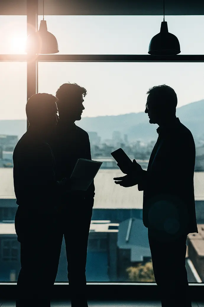 Directivos conversando frente a la ventana de una oficina