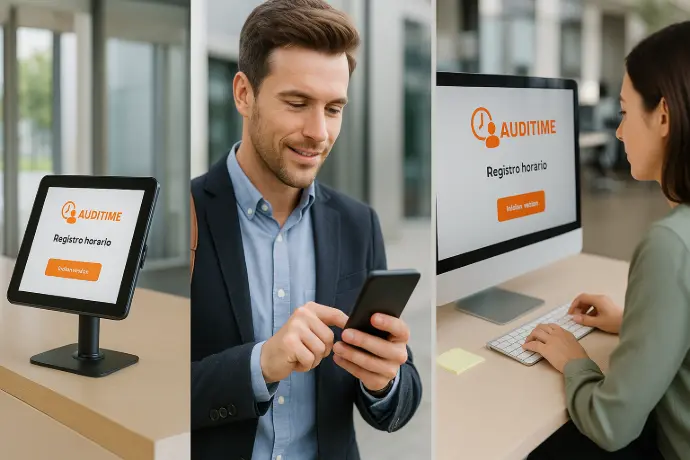 Registro horario de Auditime desde terminal, móvil y ordenador