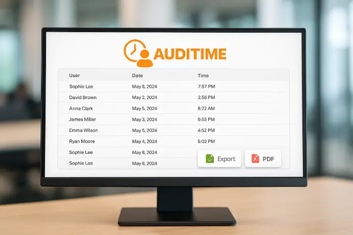 Historial de fichajes exportable a PDF y Excel en Auditime